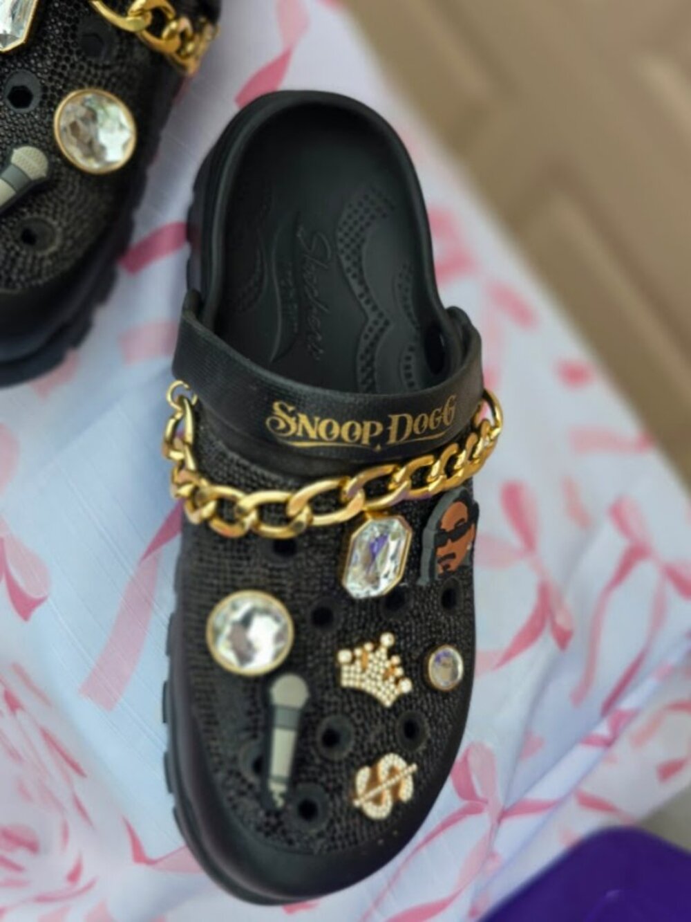 Skechers x Snoop Dogg Black Rhinestone Clogs w/ Gold Charms & Chains